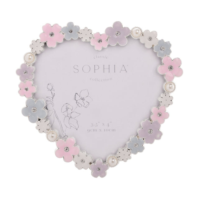 Heart-shaped metal photo frame with a daisy garland in white, pink, lilac and pale blue, pearl beads and crystal centres, holding a 4 x 3.5in photo on a white background.