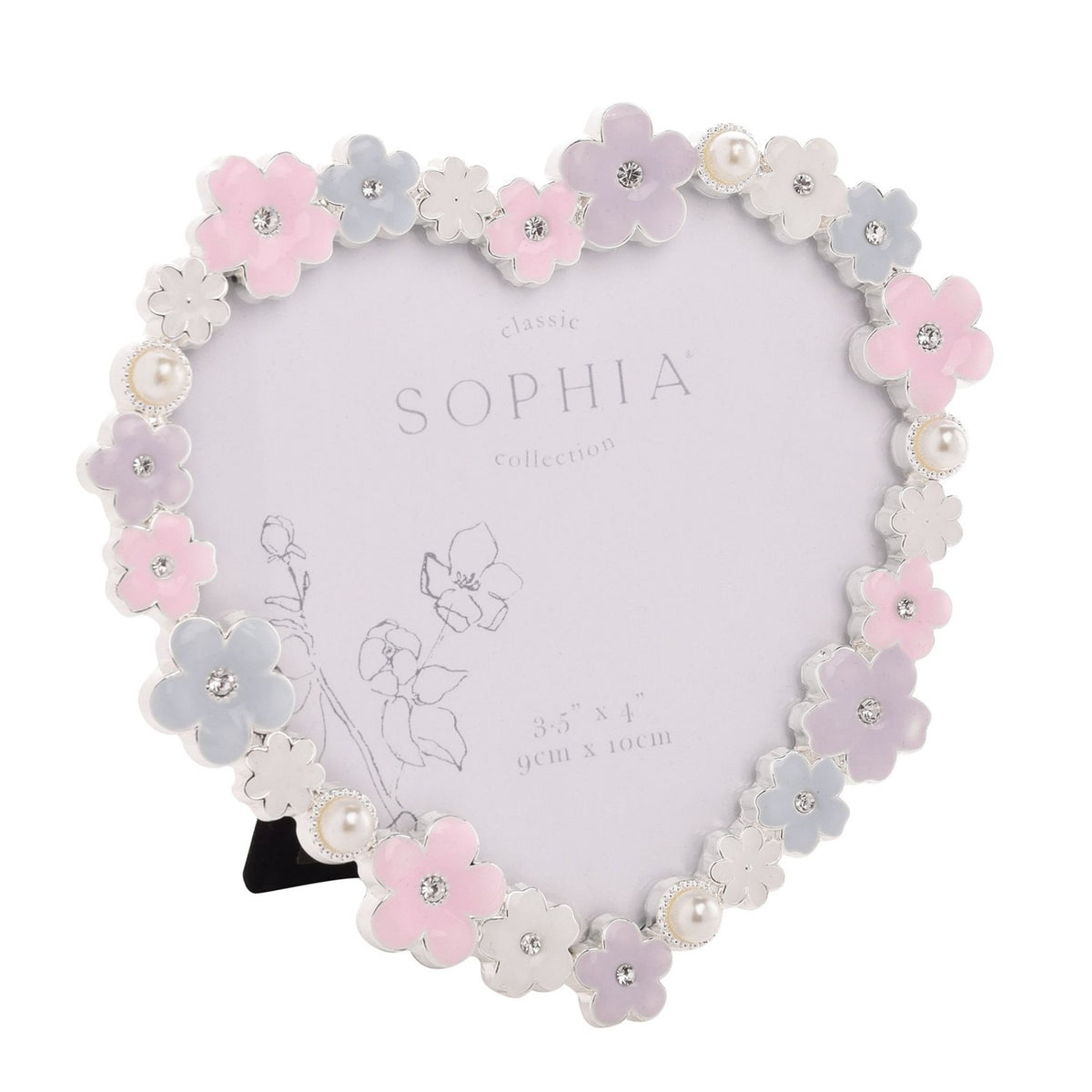 Heart-shaped freestanding metal photo frame with daisy flowers in white, pink, lilac and blue, pearl beads and crystal centres, holding a 4 x 3.5in photo on a white background.