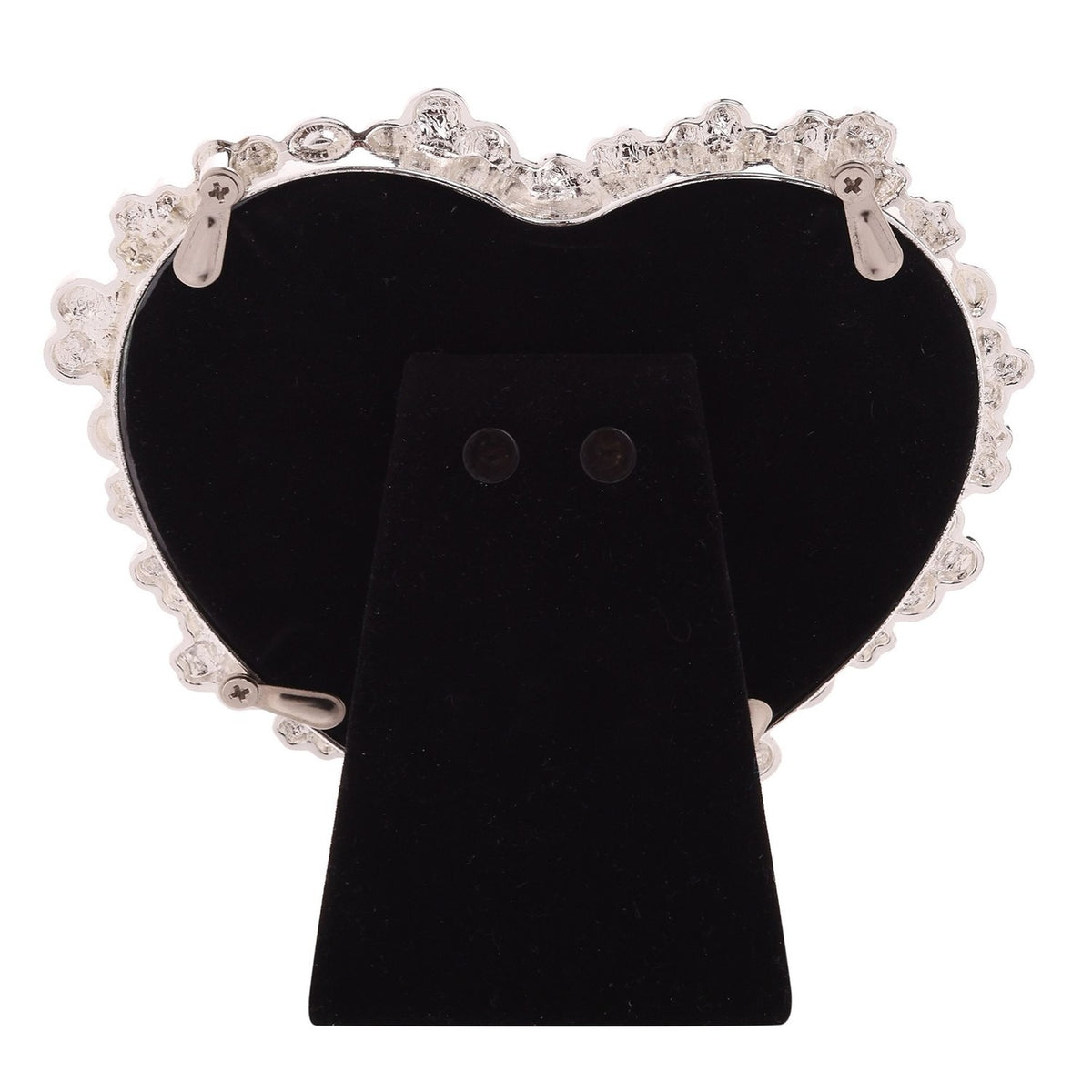 Back view of the Daisy Heart Freestanding Metal Photo Frame in white, showing black velvet backing with fold-out stand, holds a 4 x 3.5in photo.