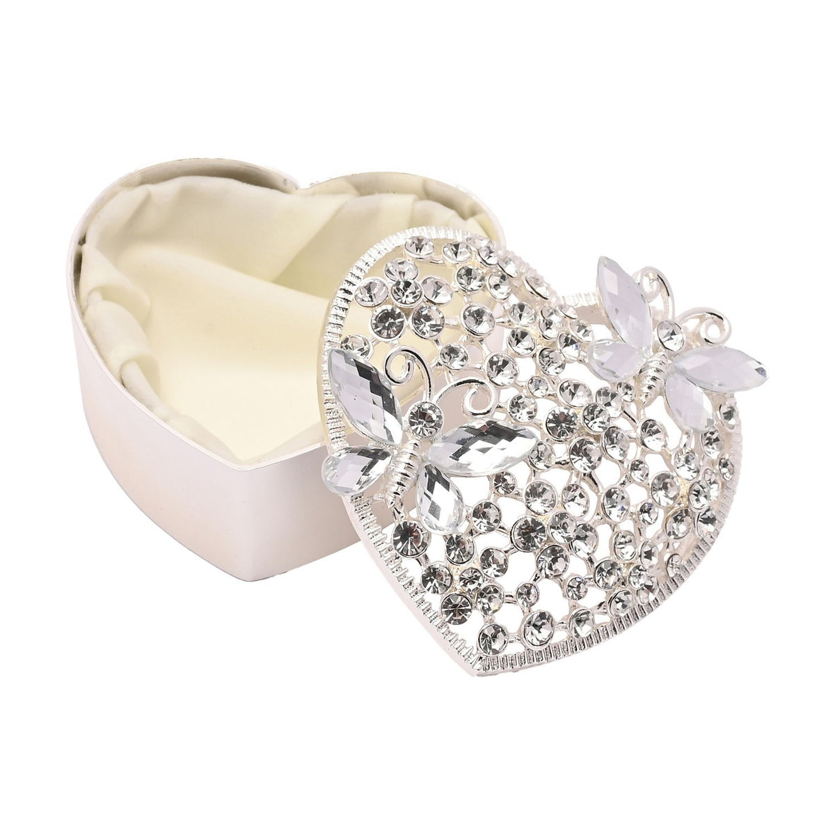 Classic Butterfly Heart Metal Trinket Box - Silver & White