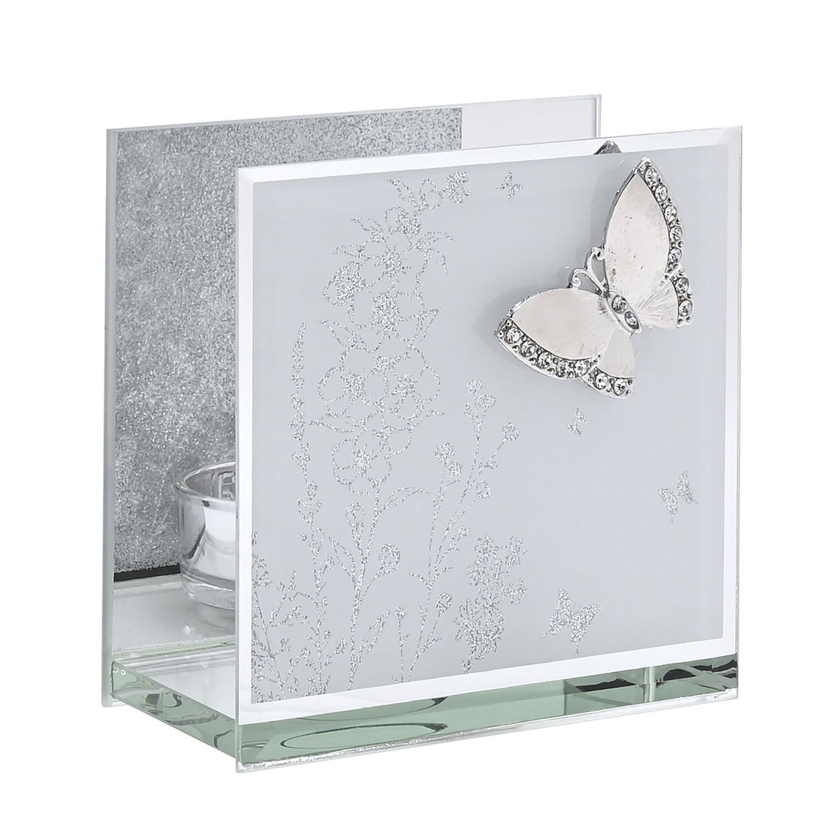 Classic Butterfly Single Tealight Glass Candle Holder - Silver