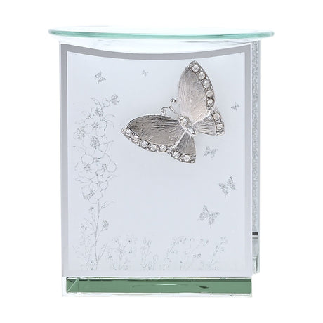 White and silver glitter butterfly wax melt burner with crystal-edged butterfly, glittered floral design, mirrored side panel, and clear glass dish on top.