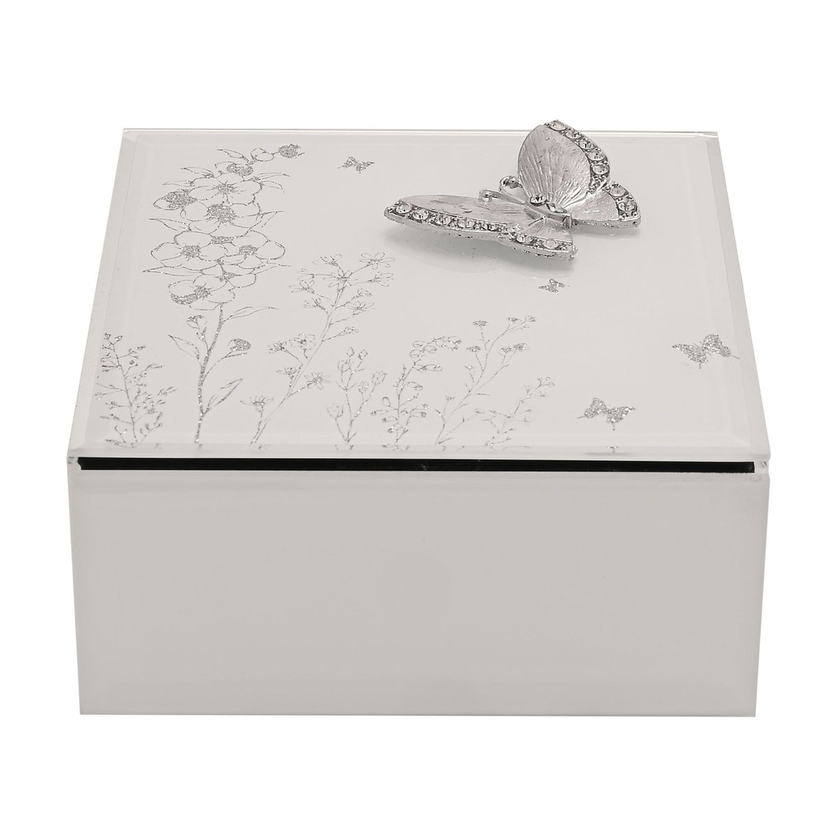 Small Square Butterfly Glass Trinket Box - White & Silver