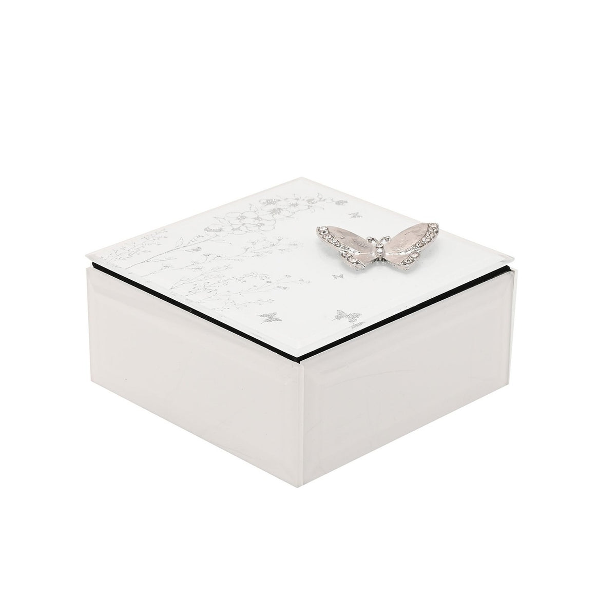 Small Square Butterfly Glass Trinket Box - White & Silver