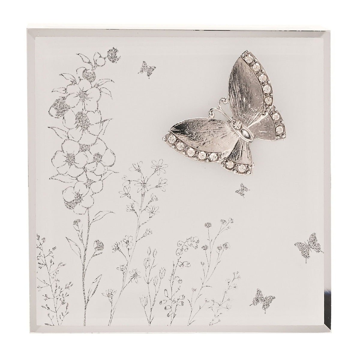 Small Square Butterfly Glass Trinket Box - White & Silver