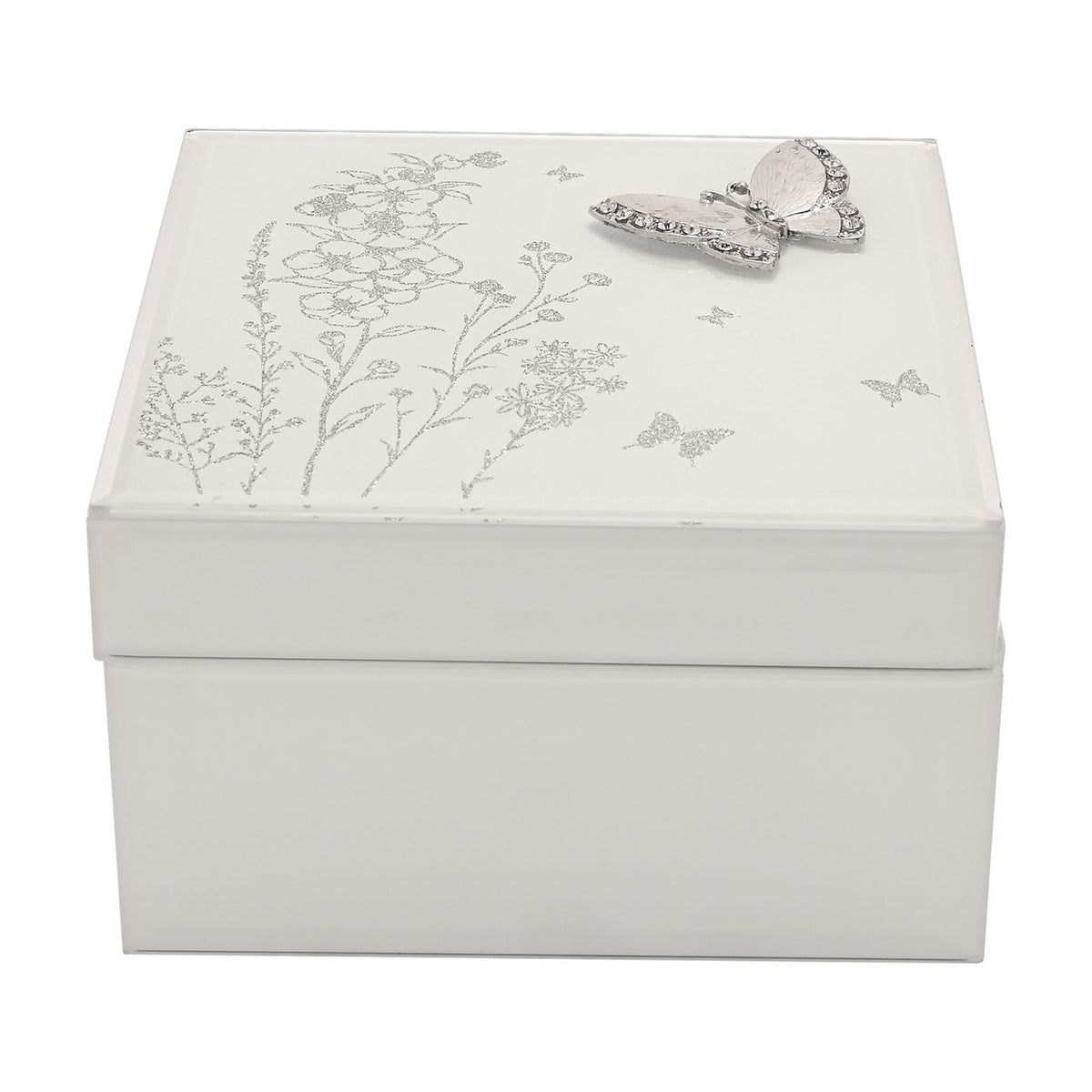 Medium Square Butterfly Glass Trinket Box - White & Silver