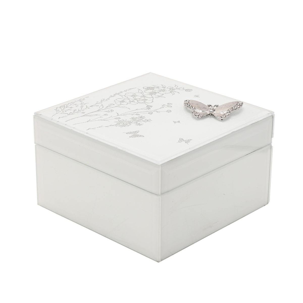 Medium Square Butterfly Glass Trinket Box - White & Silver