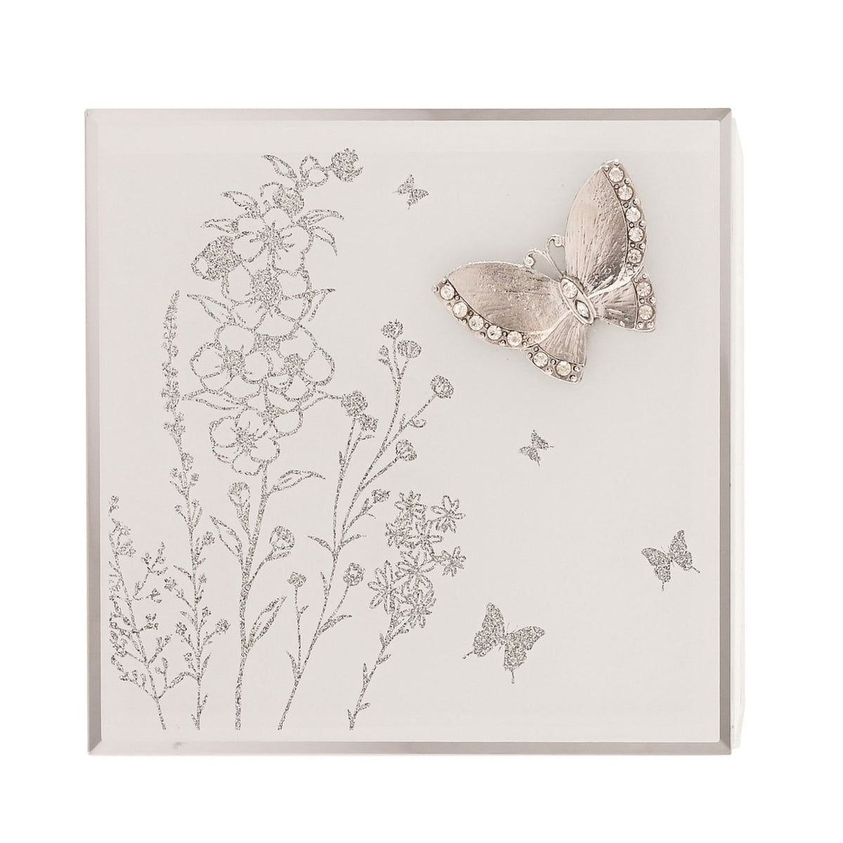 Medium Square Butterfly Glass Trinket Box - White & Silver