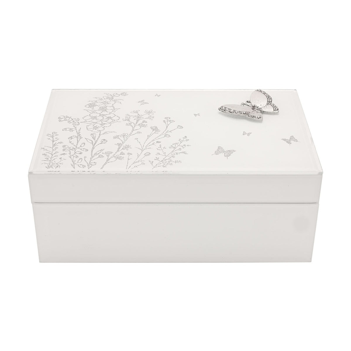 Large Floral Butterfly Glass Trinket Box - White & Silver