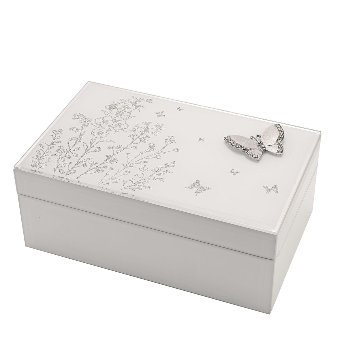 Large Floral Butterfly Glass Trinket Box - White & Silver