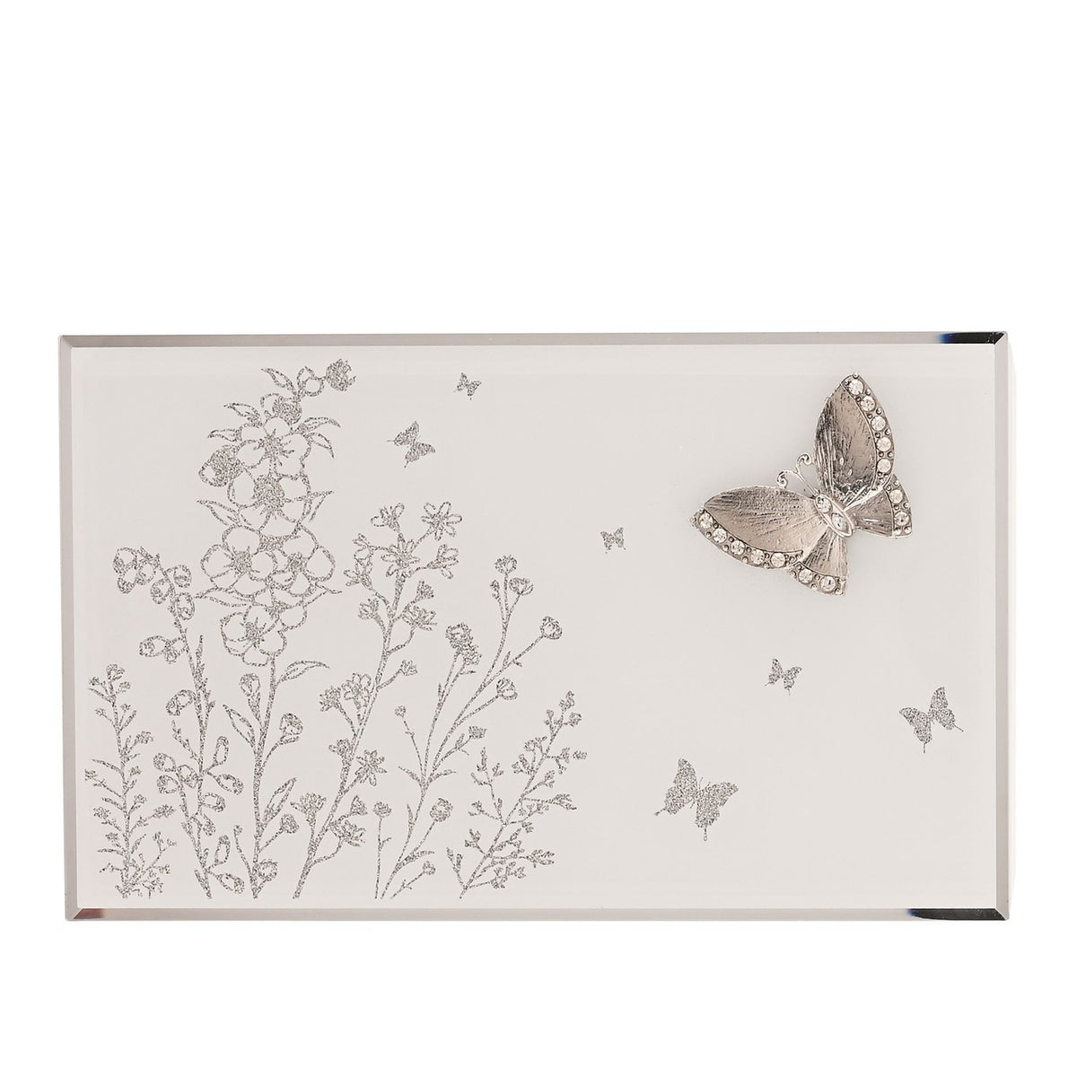 Large Floral Butterfly Glass Trinket Box - White & Silver