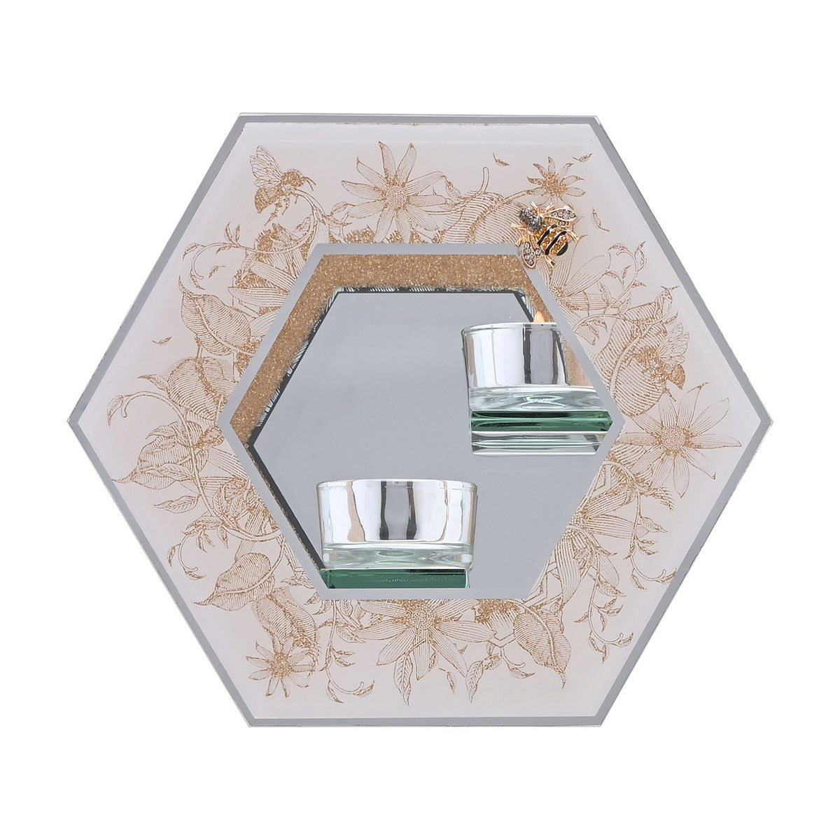 Golden Bee Double Tealight Glass Candle Holder - White & Gold