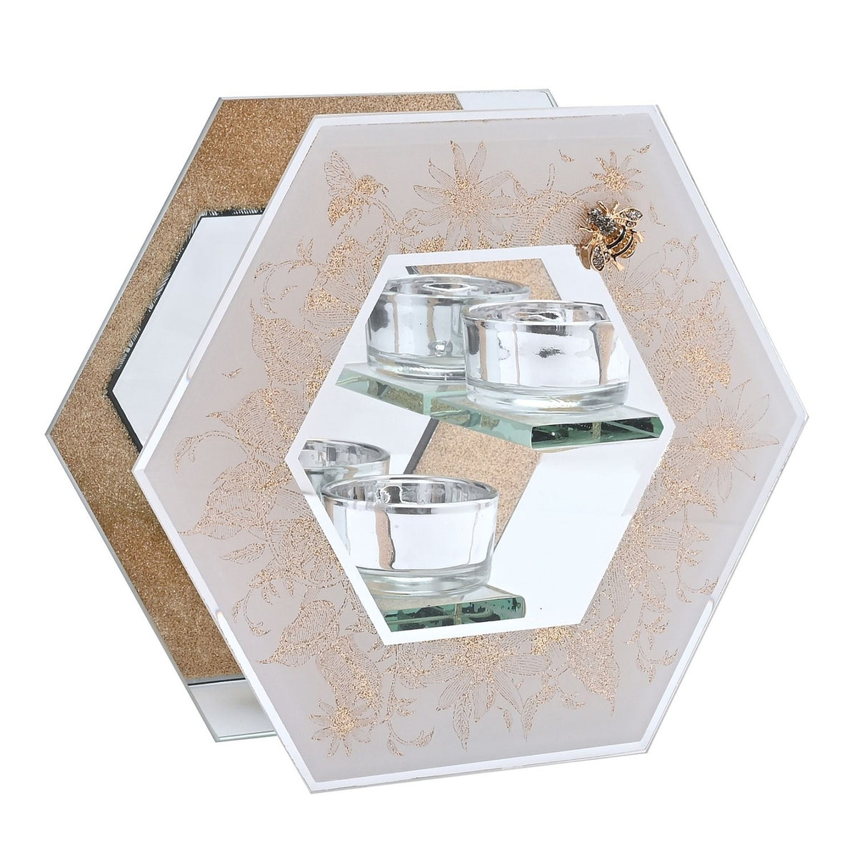 Golden Bee Double Tealight Glass Candle Holder - White & Gold