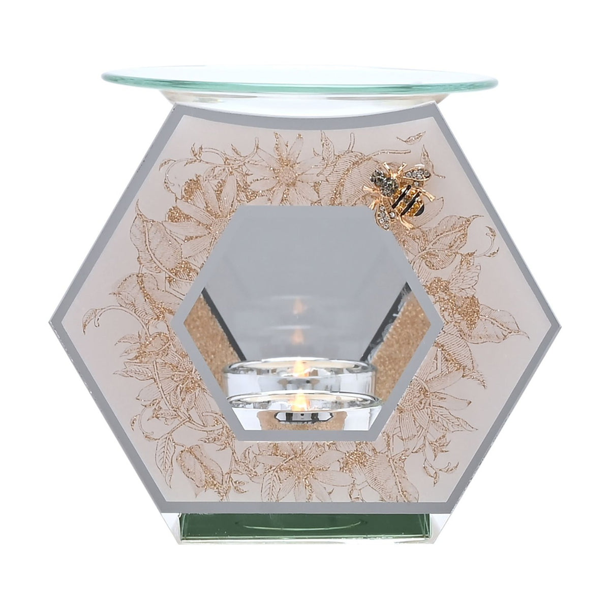 Classic Hexagonal Golden Bee Glass Wax Melt Burner - Silver