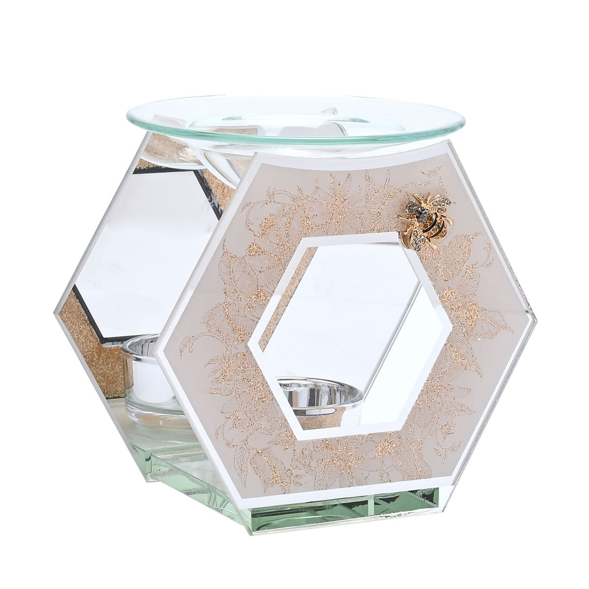 Classic Hexagonal Golden Bee Glass Wax Melt Burner - Silver