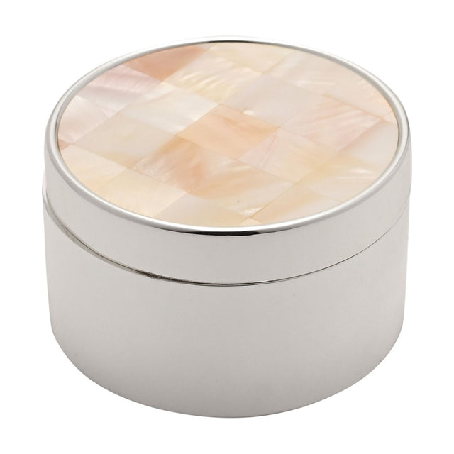 Round trinket box with silver-coloured metal body and mother of pearl lid in a chequered pattern, shown on a plain white background.