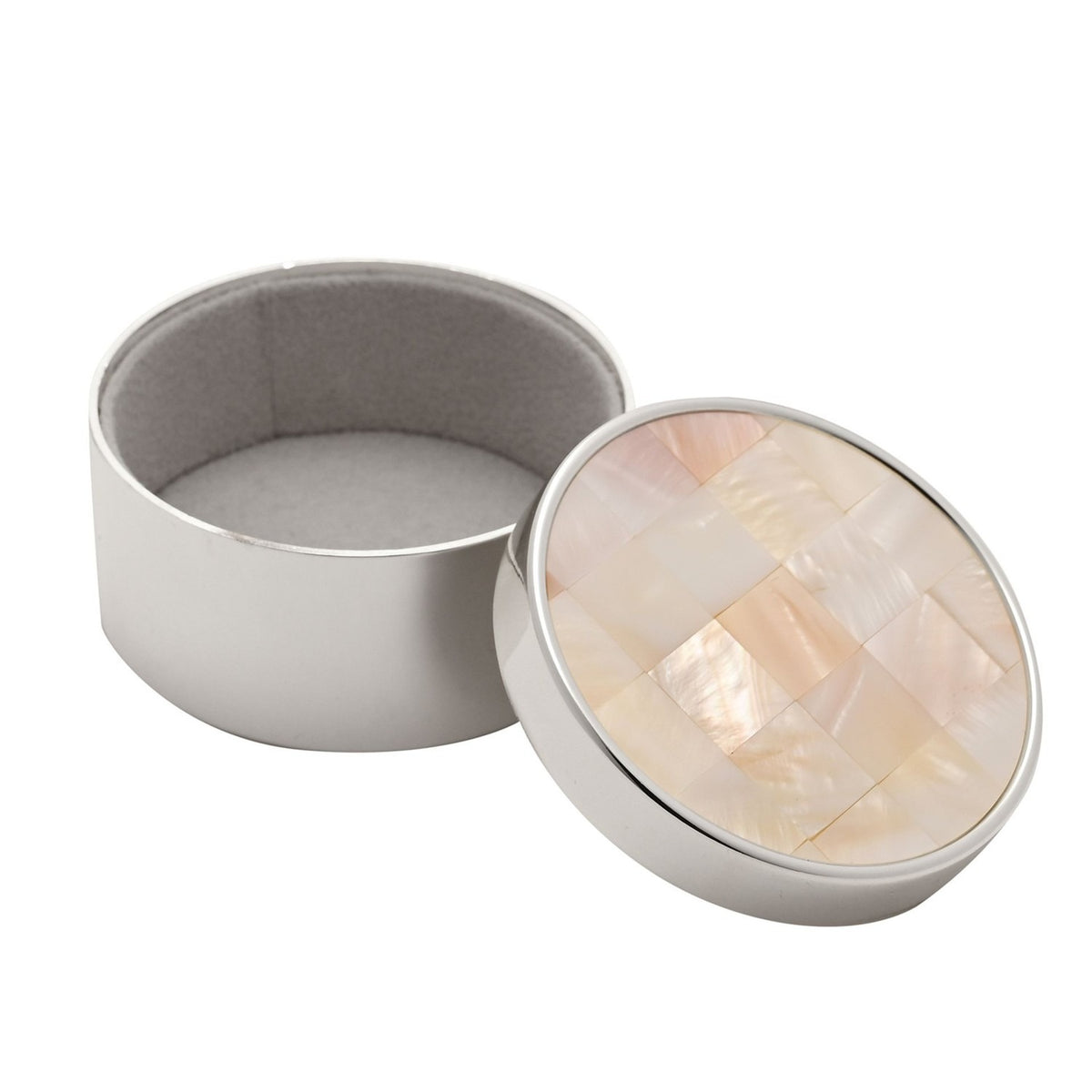 Round trinket box in shiny silver-coloured metal with the lid detached, showing a grey fabric-lined interior and a mother of pearl chequered lid, on a white background.