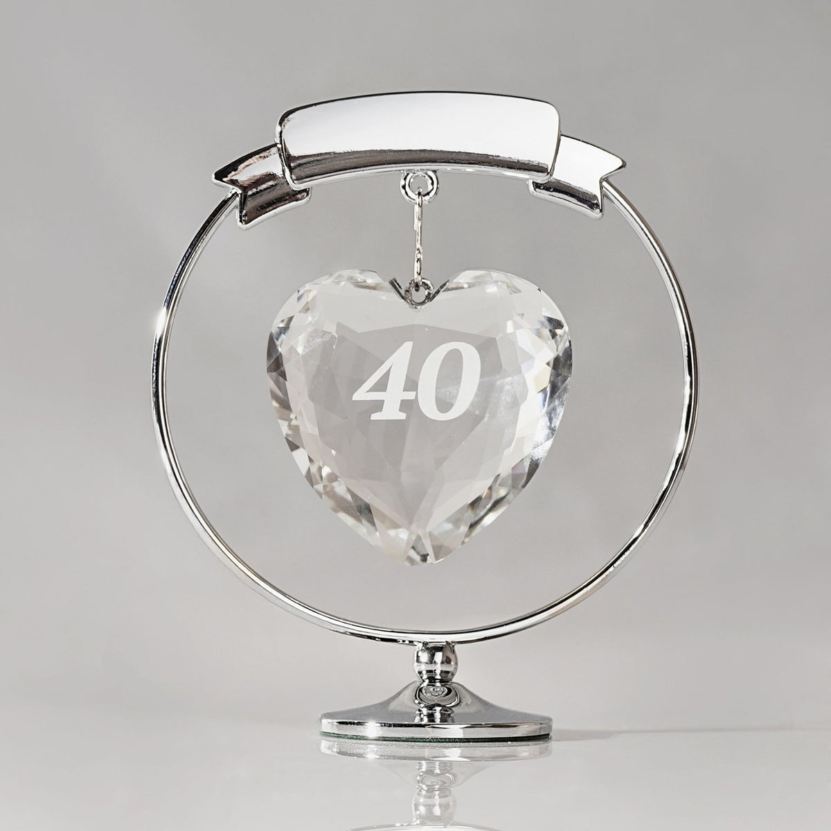Number 40 Crystal Heart Round Freestanding Figurine - Silver