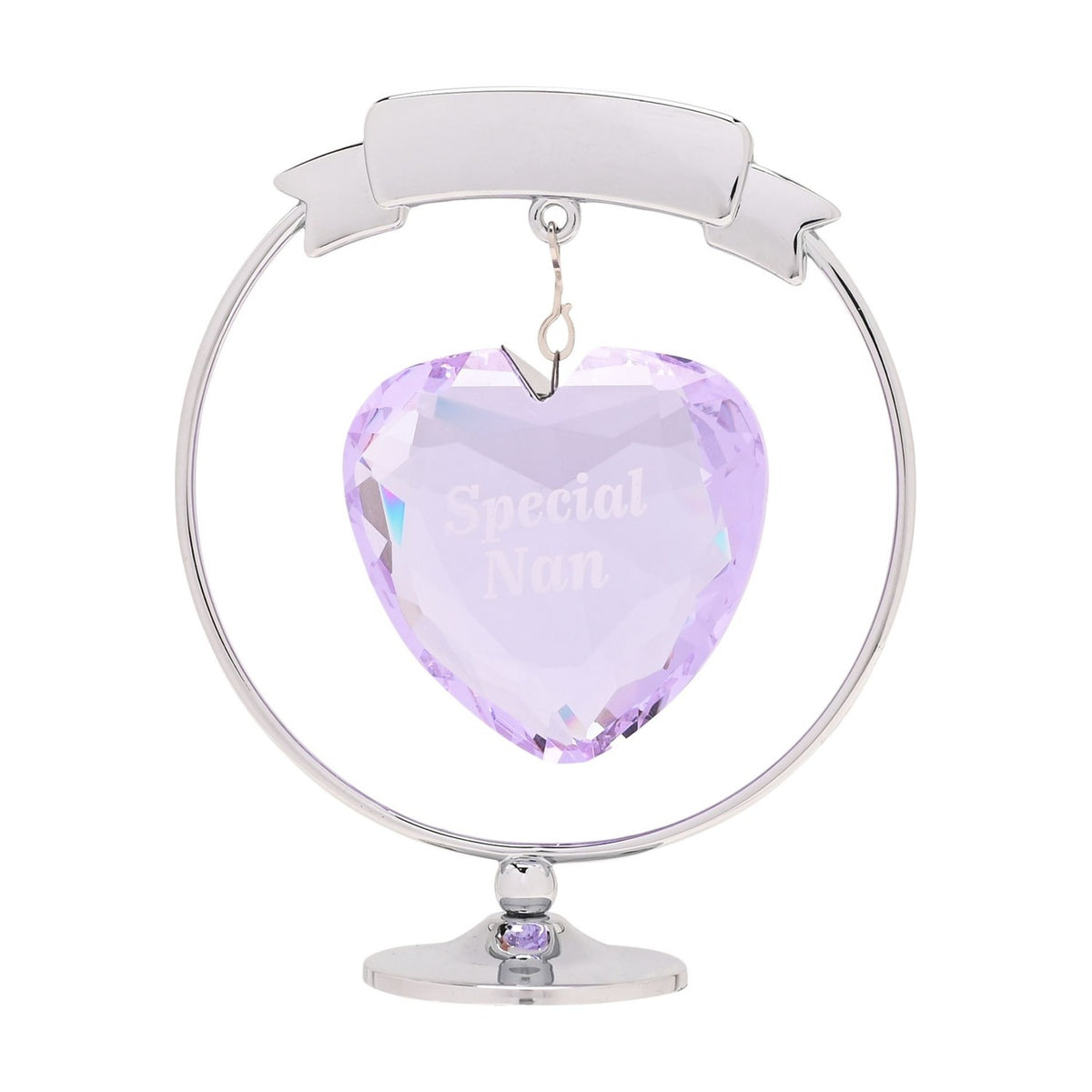 Chrome-plated circle and heart decoration with a ribbon banner top, round base, and faceted lilac crystal heart engraved "Special Nan" on a fine hook, shown on a white background.