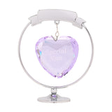 Chrome-plated circle and heart decoration with a ribbon banner top, round base, and faceted lilac crystal heart engraved "Special Nan" on a fine hook, shown on a white background.