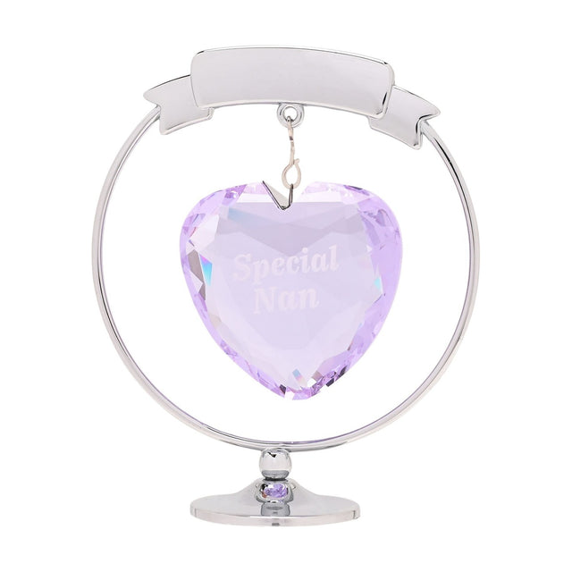 Chrome-plated circle and heart decoration with a ribbon banner top, round base, and faceted lilac crystal heart engraved "Special Nan" on a fine hook, shown on a white background.