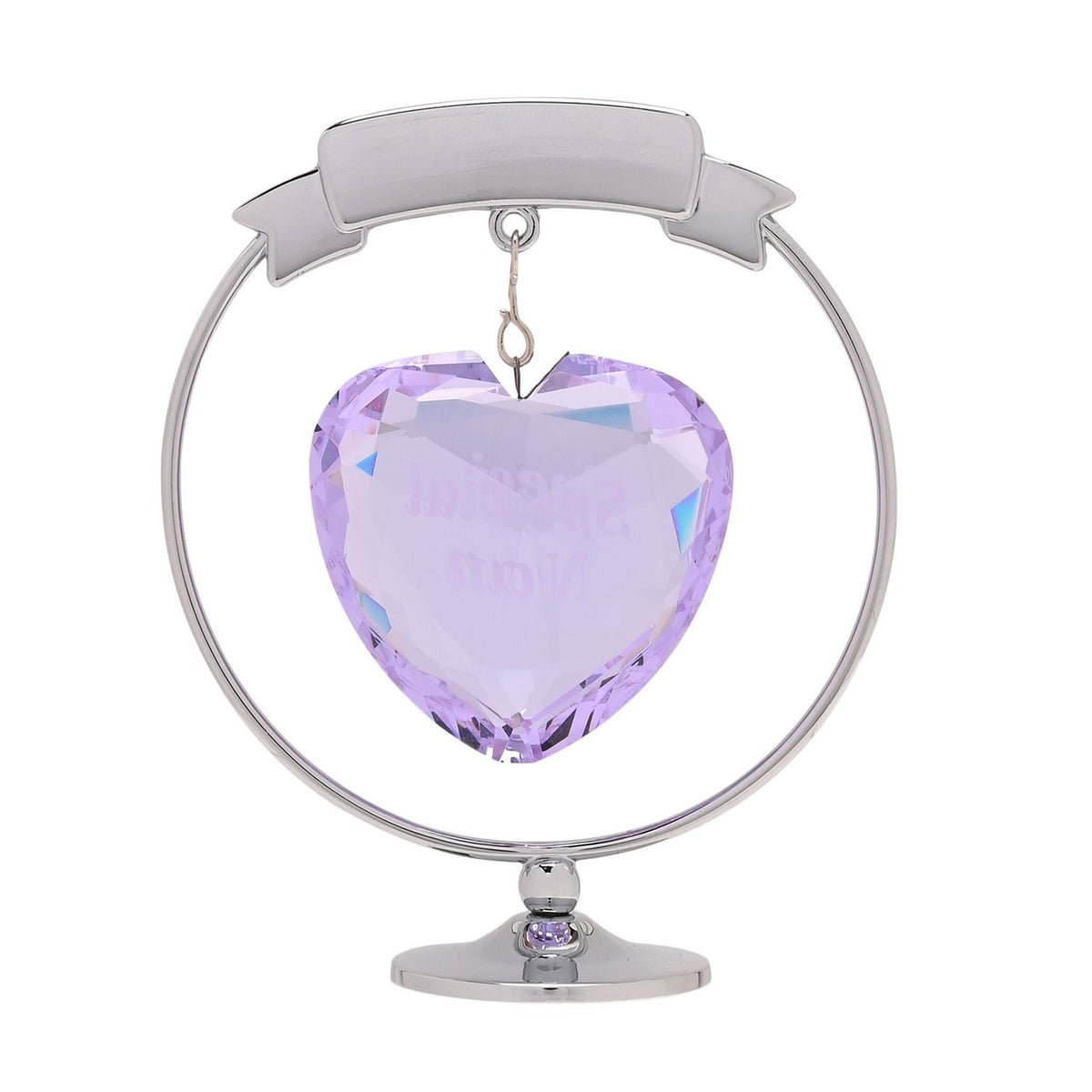 Chrome plated circle and heart decoration with a faceted lilac crystal heart reading "Special Nan" suspended on a hook within a silver ring stand, ribbon banner at top, on a plain white background.