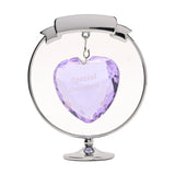 Chrome plated circle and heart decoration with a faceted lilac heart engraved "Special Grandma" hanging beneath a ribbon banner, set on a round stand, shown on a white background.