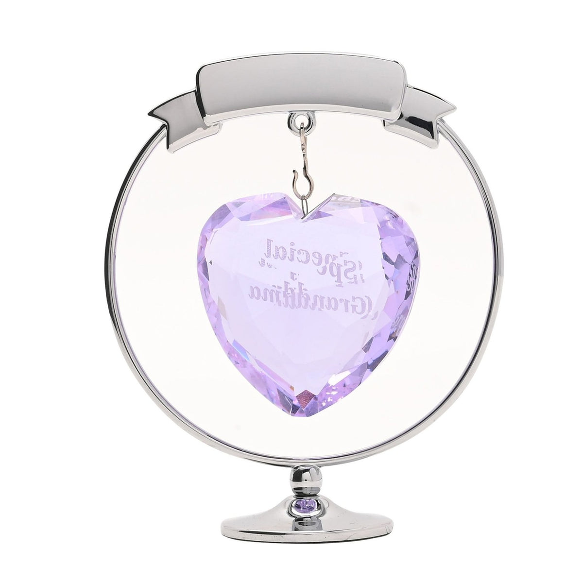 Chrome plated circle and heart decoration with a faceted lilac crystal heart engraved "Special Grandma" hanging beneath a banner, set on a round footed stand, shown on a white background.