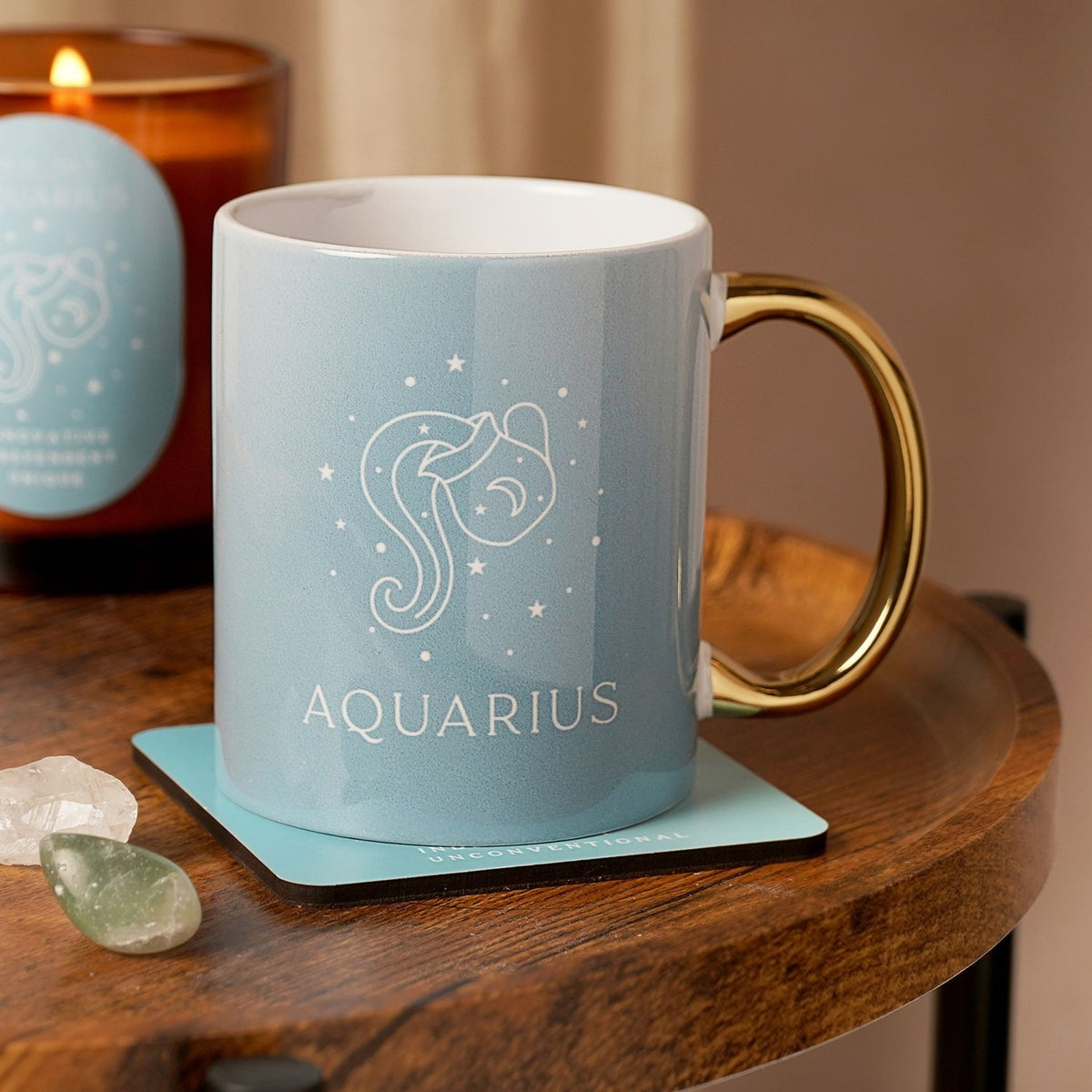 Aquarius Zodiac Sign Stoneware Mug with Gold Handle - Blue