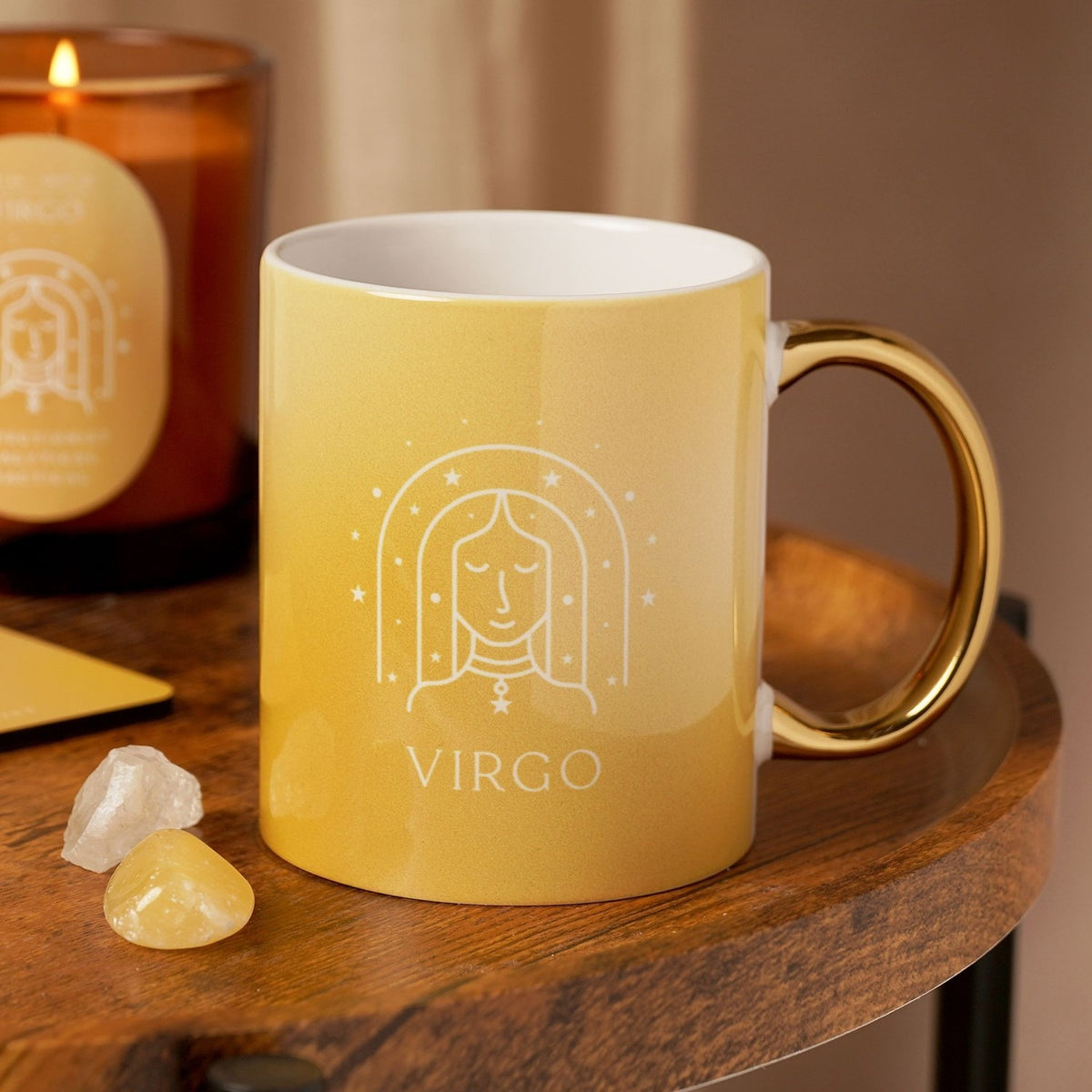 Virgo Zodiac Stoneware Mug with Gold Handle - Yellow