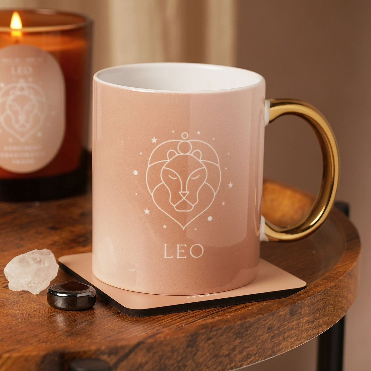 Leo Zodiac Lion Head Stoneware Mug with Gold Handle - Pink