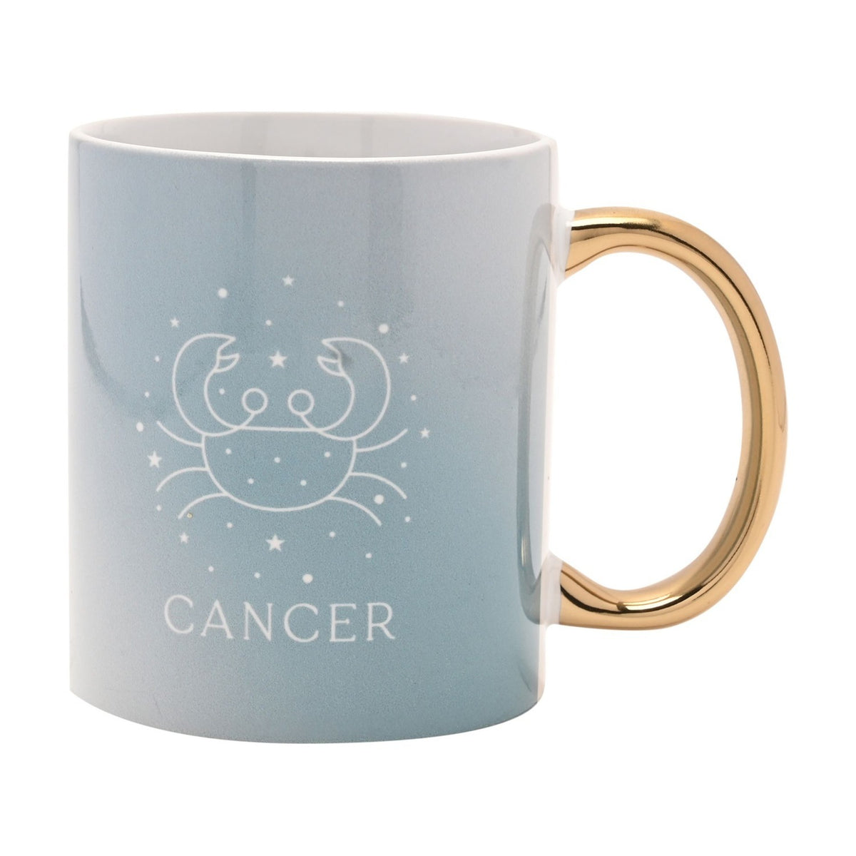 Pale blue stoneware mug with glossy gold oval handle, featuring a white line-drawn Cancer crab symbol, stars, and "CANCER" text, shown on a plain white background.