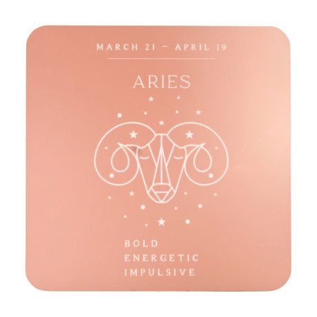Square gloss wooden coaster in dusty pink with a white line illustration of the Aries ram, stars and dots, dated "March 21 – April 19" and labelled Bold, Energetic, Impulsive.