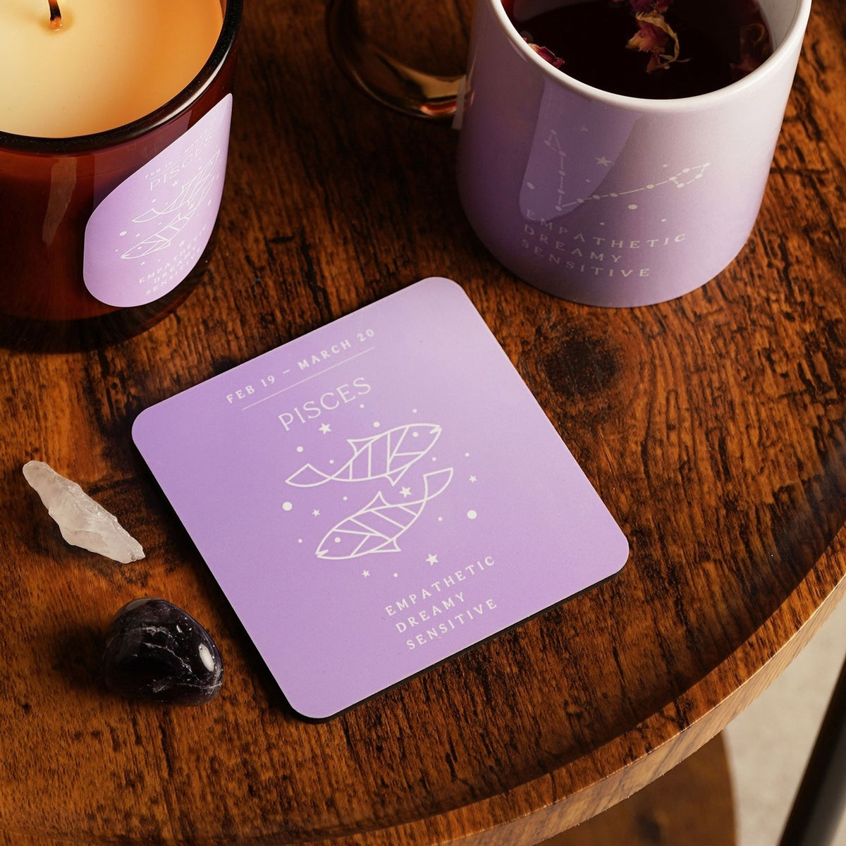 Pisces Zodiac Twin Fish Glossed Wooden Coaster - Purple