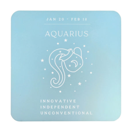 Square wooden drinks coaster in blue, featuring white line art of the Aquarius water bearer symbol, stars, dates Jan 20–Feb 18, and the words Innovative, Independent, Unconventional.