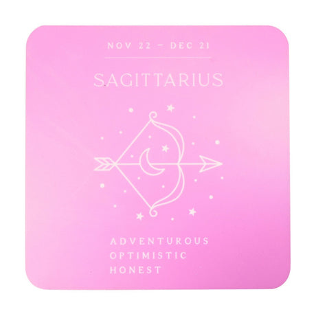 Square gloss pink wooden coaster featuring Sagittarius zodiac line art with bow, arrow, crescent moon and stars, dates Nov 22–Dec 21 and the word Adventurous below.