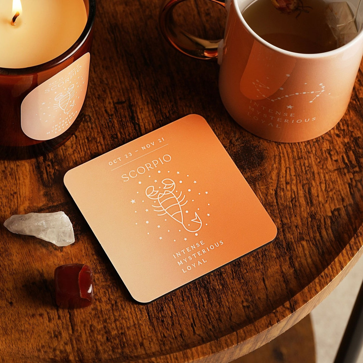 Scorpio Zodiac Square Wooden Coaster with Scorpion - Orange