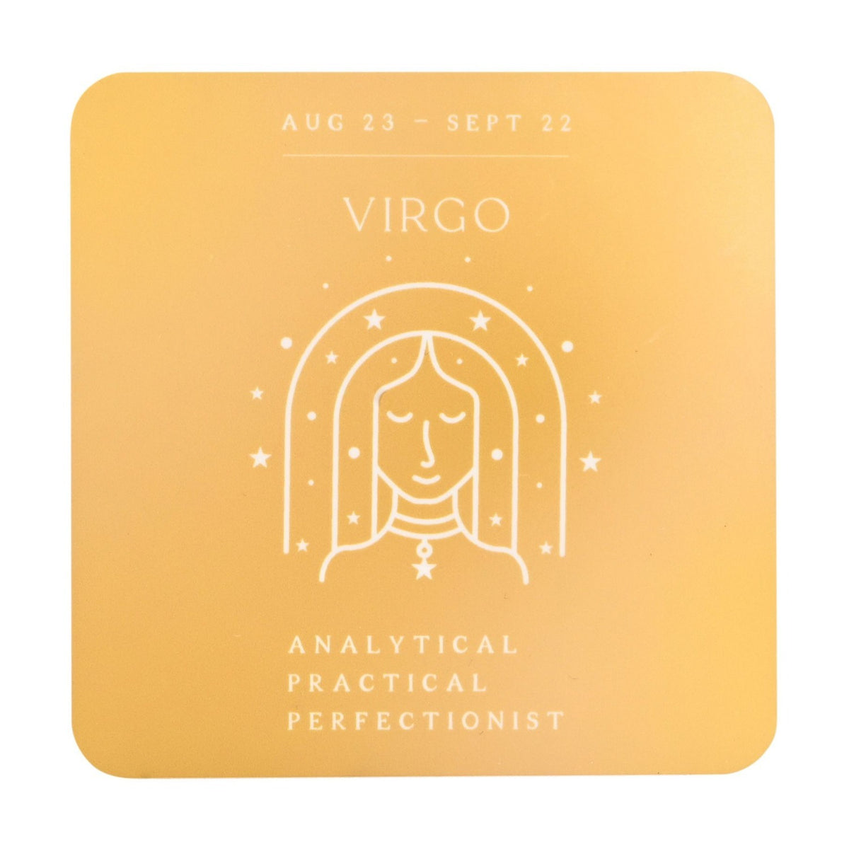 Square wooden coaster in golden yellow with white line art of the Virgo maiden under an arch of stars, labelled "Virgo", dates Aug 23–Sept 22, and "Analytical, Practical, Perfectionist".