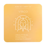 Square wooden coaster in golden yellow with white line art of the Virgo maiden under an arch of stars, labelled "Virgo", dates Aug 23–Sept 22, and "Analytical, Practical, Perfectionist".