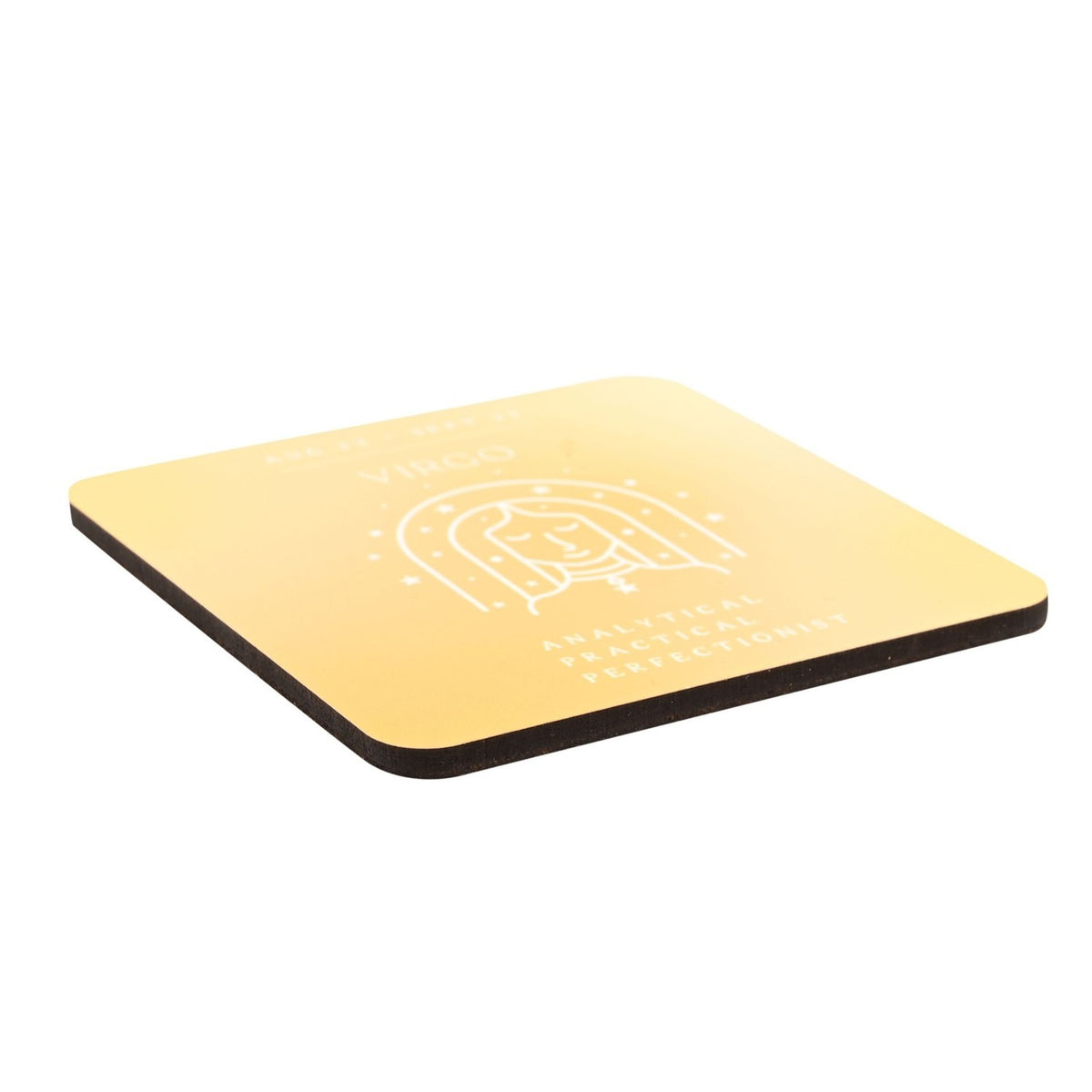 Square wooden coaster in golden yellow with white line art of the Virgo maiden under an arch of stars, "VIRGO" lettering and dates, dark edge visible, shown at an angle on a white background.