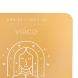 Square wooden coaster in warm yellow with rounded corners, featuring white line art of the Virgo maiden under an arch of stars, "VIRGO" text, and dates Aug 23 – Sept 22.