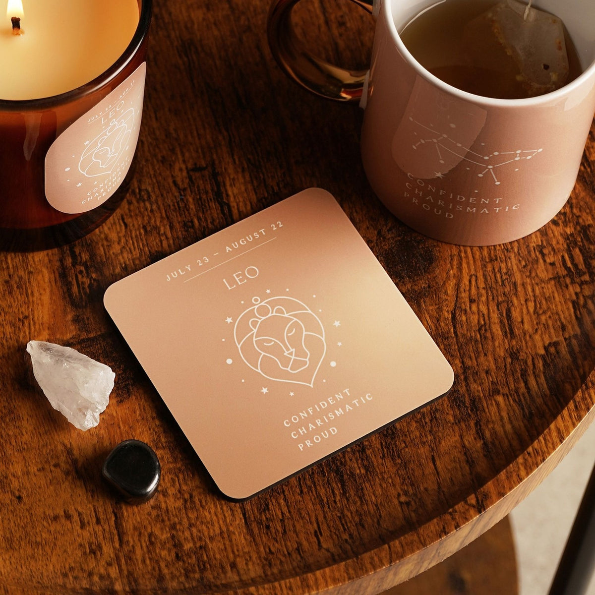 Leo Zodiac Lion Line Art Square Gloss Wooden Coaster - Beige