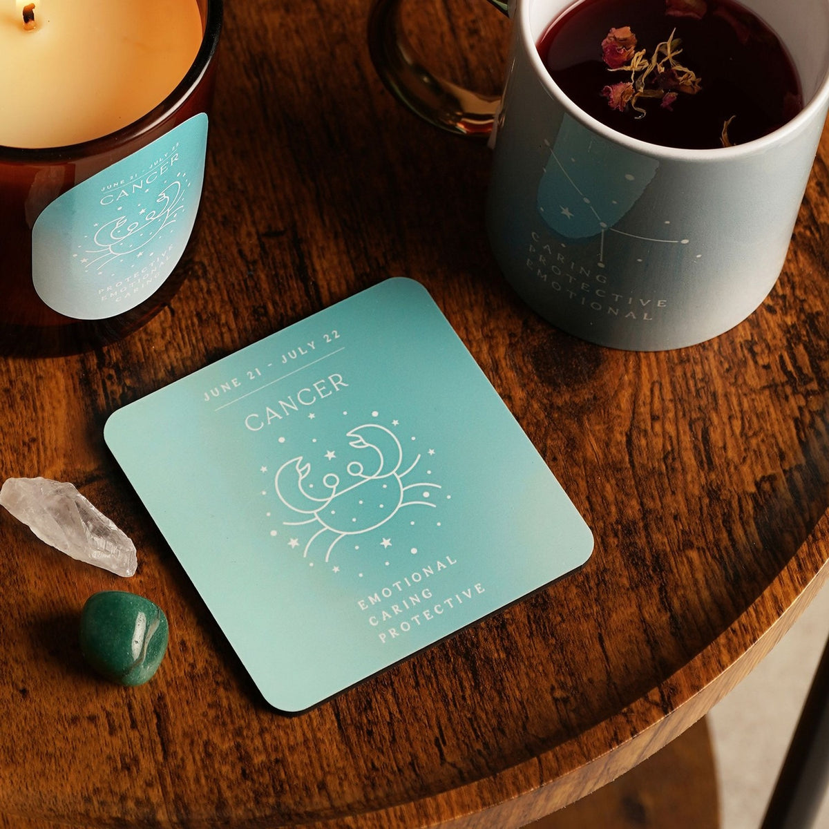Cancer Zodiac Crab and Stars Square Wooden Coaster - Blue