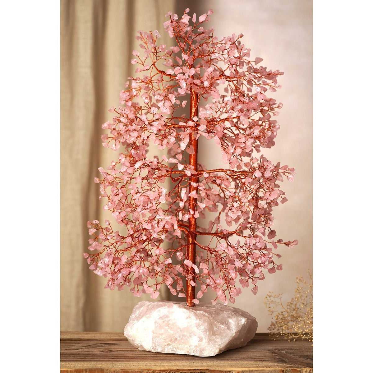 Rose Quartz Tree of Life Figurine with 1500 Beads - Pink