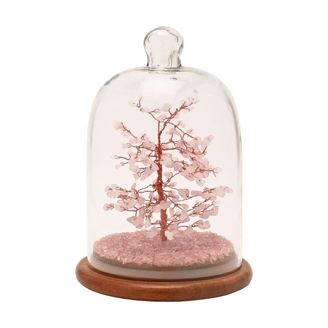 Gemstone Dome Tree figurine with copper-wire trunk and 200 pink gemstone beads, set on a matching pink chip base under a clear arched glass dome with wooden stand, on a white background.