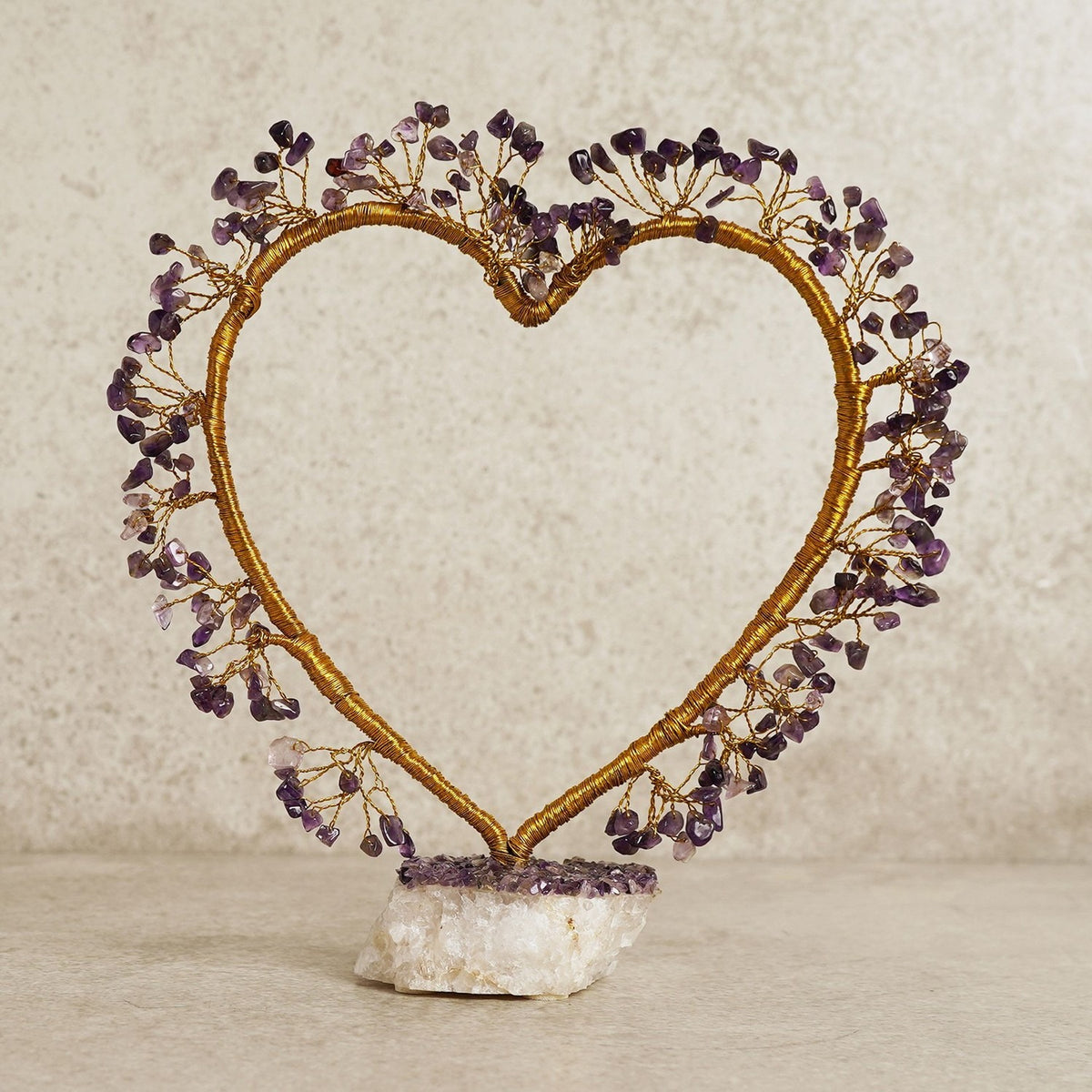 Amethyst Heart Tree Decoration with Base - Gold & Purple