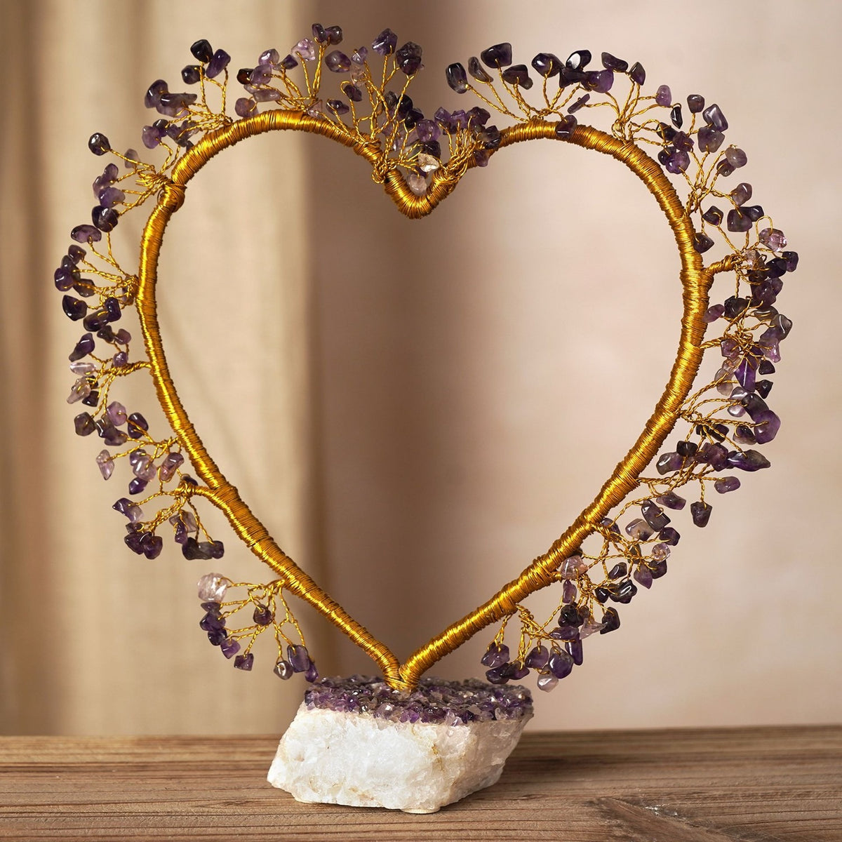 Amethyst Heart Tree Decoration with Base - Gold & Purple