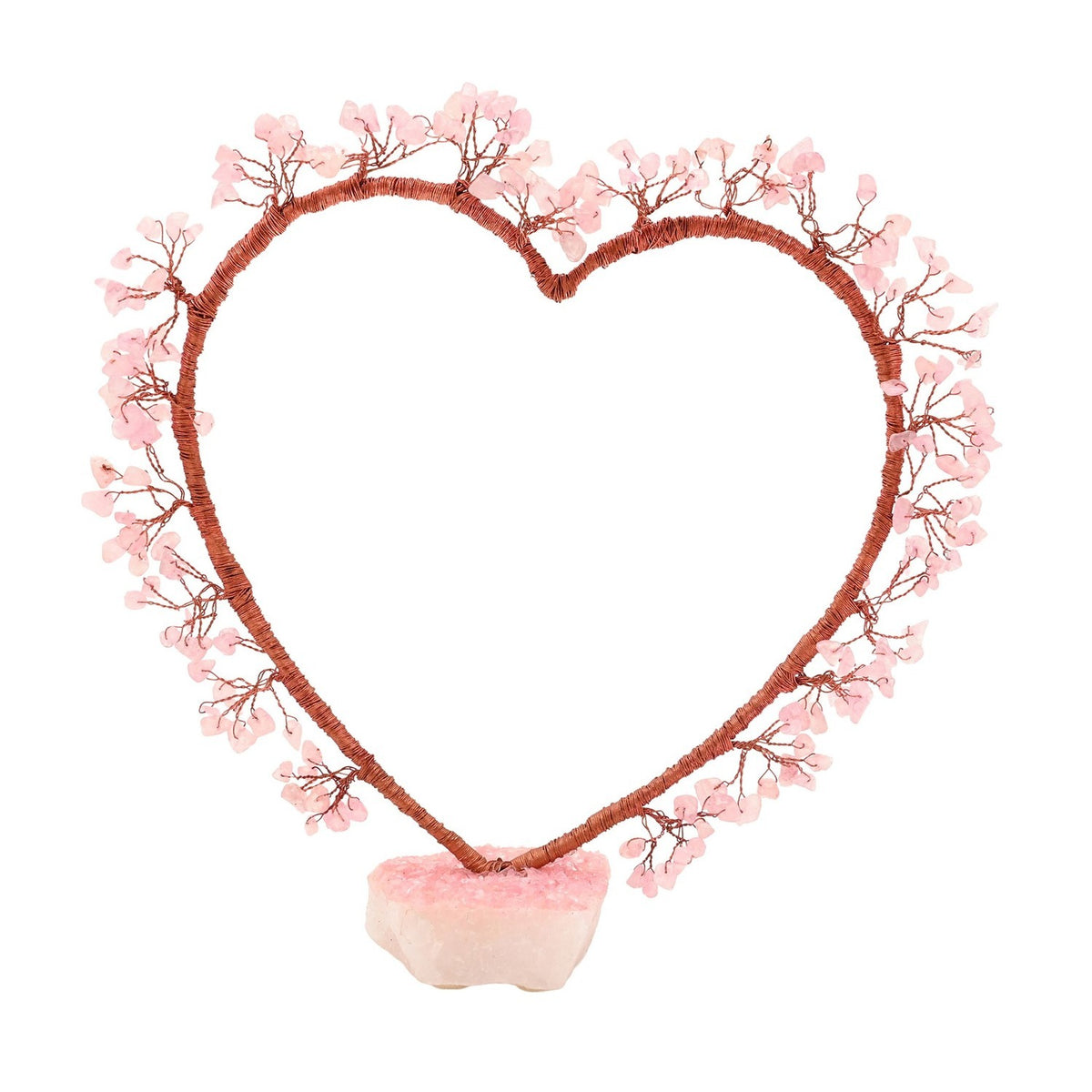 Rose Quartz Heart Tree Figurine with copper-toned wire branches tipped in pink rose quartz chips, set on a chunky rose quartz base against a plain white background.