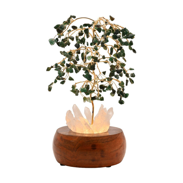 Aventurine LED Glow Tree decoration with gold branches and green chip leaves in a weeping tree shape, set on a glowing crystal cluster and rounded brown wood base, shown on a white background.