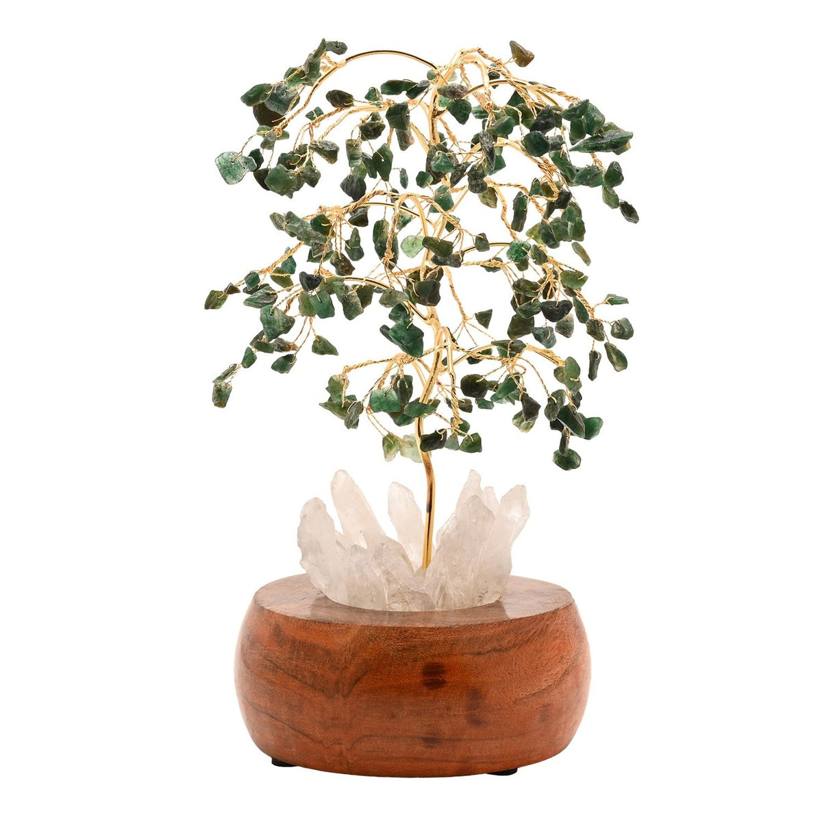 Aventurine LED Glow Tree with gold wire branches, green chip leaves in drooping tiers, and a pale crystal cluster base on rounded brown wood, shown on white.